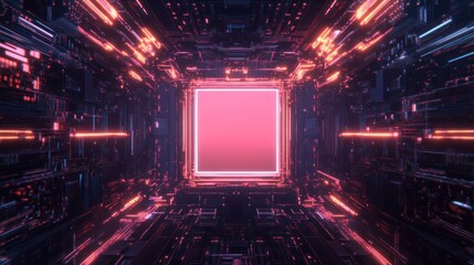 Poster - Abstract circuit board pattern with futuristic glowing frame, empty center mockup background wallpaper AI generated image