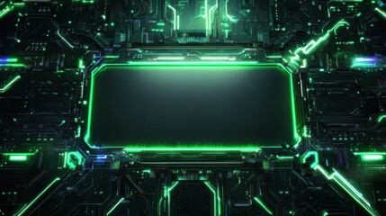 Poster - Abstract circuit board pattern with futuristic glowing frame, empty center mockup background wallpaper AI generated image