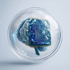 Poster - Digital brain circuitry in glass sphere abstract 3d chip data blue gold clean