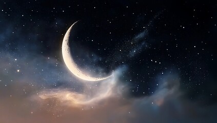 Wall Mural - a crescent moon is floating in the night sky, surrounded by stars and wispy clouds, creating an
