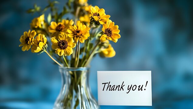 The text Thank you! written with black marker on white paper, next to yellow flowers in a glass vase on a blue background