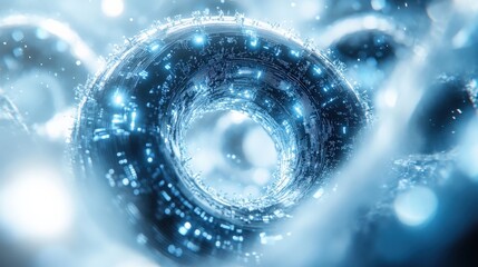 Fototapete - Abstract representation of a futuristic digital tunnel with glowing particles in a blurred background