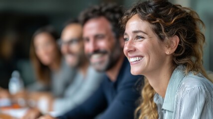Poster - Group of business professionals engage in a brainstorming session at a conference table in a contemporary office. They exchange ideas, smiling and enjoying positive interactions