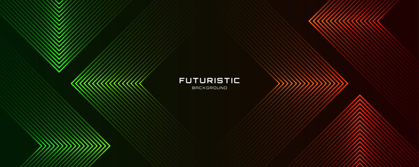 Poster - 3d green red techno abstract background overlap layer on dark space with arrows lines effect decorat