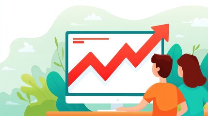 Poster - Two people analyze a computer screen displaying a rising red graph arrow, indicating growth or progress in a modern, green-themed setting.