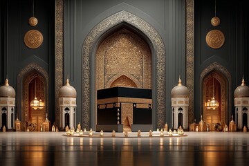 Poster - Islamic background of Eid al-Adha with images of the Kaaba and mosque. Isra Miraj, Eid al Fitr, Kareem, Mawlid, Iftar. Generative Ai