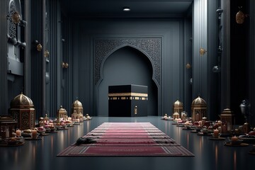 Poster - Islamic background of Eid al-Adha with images of the Kaaba and mosque. Isra Miraj, Eid al Fitr, Kareem, Mawlid, Iftar. Generative Ai
