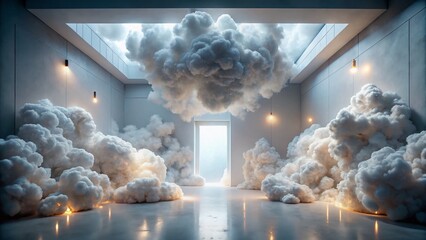 Poster - Immersive White Room, Soft Cloud Lighting, Ambient Occlusion, Glowing Art Installation, Abstract Background