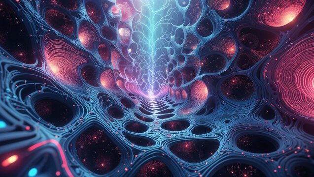 Abstract organic structure with glowing lights and detailed neural pathways rendered digitally
