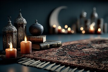 Poster - Islamic backdrop with candles and the Quran at night under a crescent moon. Generative Ai