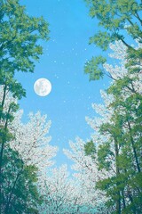 Wall Mural - in the blue sky, there is an oversized white moon hanging in the upper left corner of the screen.