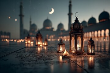 Poster - Islamic backdrop including a mosque and moon lights during Ramadan Eid al-Adha and Eid ul Fitr Happy Eid Milad Muharram. Generative Ai