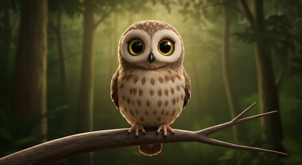 Adorable cartoon owl perched on branch in a mysterious forest setting