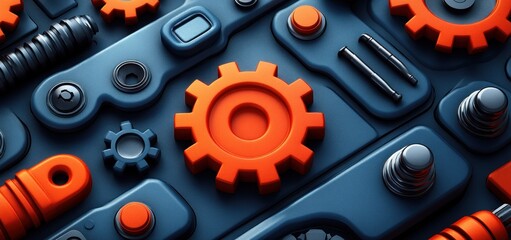Poster - Abstract Mechanical Gears and Components: A 3D Render of Orange and Blue Industrial Design Elements