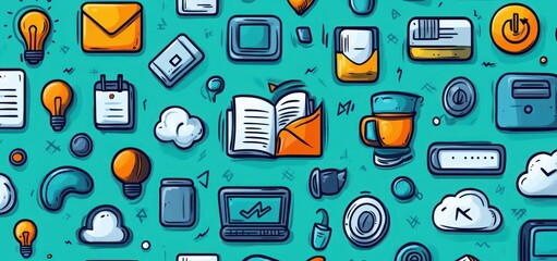 Poster - Vibrant Doodle Illustration of Technology and Office Supplies