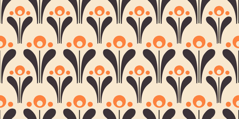 Aufkleber - Repeating floral pattern with a retro aesthetic. The flowers are stylized with orange circles for the blooms and smaller orange dots surrounding them.