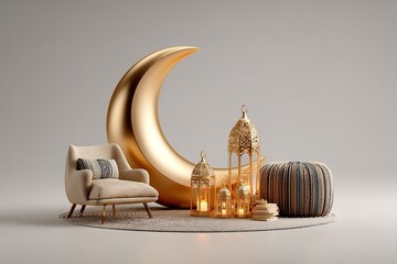 Poster - Arabic lantern with gold crescent moon against a white backdrop. Generative Ai