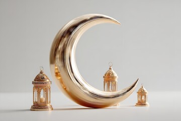 Poster - Arabic lantern with gold crescent moon against a white backdrop. Generative Ai