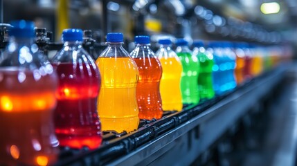 Poster - Colorful bottles filled with various soft drinks are seen moving along a conveyor belt in a busy production plant. Workers oversee the bottling process for quality assurance