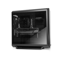 Poster - A sleek black PC tower with a tempered glass side panel reveals high-performance internal components in a clean, minimalist build.