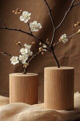 Poster - Two simple wood pedestals hold delicate branches adorned with white blossoms. The arrangement sits against a soft brown backdrop, creating a tranquil and elegant atmosphere