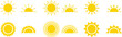 © Muhammad - Yellow sun icons set, sunshine and solar glow, sunrise or sunset. Decorative circle full and half suns and sunlight collection. Hot solar energy for tan.