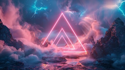 Poster - Glowing neon backdrop featuring geometric triangle design, mountains terrain landscape beneath starlit heavens and Stones.