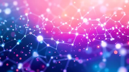 Aufkleber - A vibrant digital video featuring a dynamic gradient of pink and blue hues, interspersed with luminous spheres and interconnected networks. Soft bokeh effects enhance depth, evoking a dreamy, ethereal