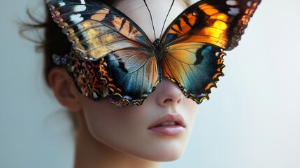 Poster - A woman wears a striking butterfly mask that covers her eyes, featuring vivid colors and detailed patterns, set against a softly lit background. The unique accessory emphasizes artistic expression