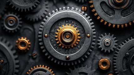 Poster - Intricate Gear Mechanism: A Close-Up of Metal Gears Interlocking in a Complex System