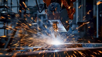 Aufkleber - Close-up of a welding process showcasing sparks flying from metal interaction. Strong contrast with bright light from the welding arc. Industrial setting with mechanical arms creating a dynamic compos