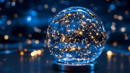 Poster - A luminous glass orb with swirling lights, suspended against a deep blue backdrop. Soft, ethereal lighting enhances the glass's clarity, creating a mystical aura. 