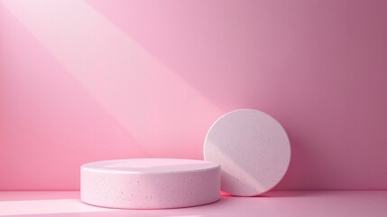 Poster - A minimal podium setup featuring round pastel-colored platforms positioned against a softly lit pink background. The arrangement enhances product focus in a serene environment