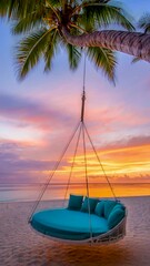 Poster - A cozy circular hanging sofa in vibrant turquoise, suspended from a palm tree. The sunset bathes the scene in warm oranges and pinks, casting soft shadows.