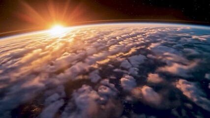 Aufkleber - A breathtaking aerial view of Earth during sunrise, showcasing vibrant clouds illuminated by warm golden light. The composition highlights the curvature of the planet, creating a sense of depth and va