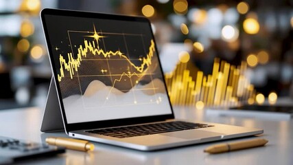Aufkleber - A sleek laptop with a graphic chart displayed, positioned on a minimalist table. Warm ambient lighting enhances the modern atmosphere, while bokeh effects create a dynamic background. 