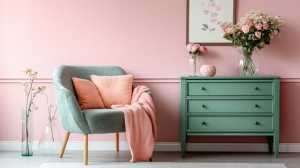 Aufkleber - A modern room features soft pastel pink walls and mint-colored furniture. A comfortable chair invites relaxation, adorned with cushions and a throw