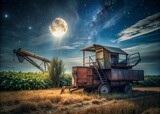 Rustic Farm Scene: Basketball Hoop on Vintage Harvester at Dusk