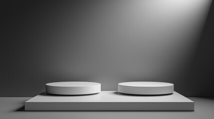 Poster - Two round, minimal podiums sit in a sleek, neutral space, illuminated by soft light. This setup creates an elegant and modern display for potential products or artwork