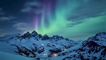 Fototapete - A breathtaking winter landscape featuring snow-covered mountains under a vibrant aurora borealis. Soft, ethereal lighting enhances the colors. The composition captures dramatic peaks and valleys, evok