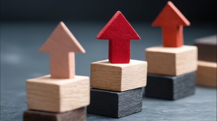 Poster - A row of wooden blocks with a red arrow indicating direction in loss aversion and investment countermeasures concept