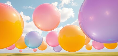 Wall Mural - Oversized translucent rainbow balls float in a pastel sky, creating a whimsical playground  ,  happy,  playground