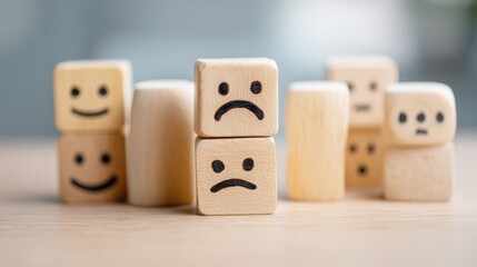 Poster - wooden blocks with faces drawn on them symbolizing mental composure indexing for financial assets an