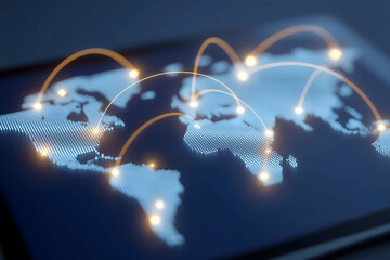 Aufkleber - A digital map displays global connections with glowing nodes and arcs, symbolizing worldwide communication and data transfer.