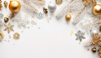 Poster - gold and white christmas flat lay with baubles, pinecones, snowflakes and branches on white background for holiday web banners, prints, and branding graphics

