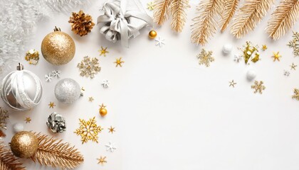 Poster - gold and white christmas flat lay with baubles, pinecones, snowflakes and branches on white background for holiday web banners, prints, and branding graphics

