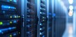 © TommyNa - Wide angle view of high capacity data center with illuminated servers and ceiling cabling, excellent for enterprise IT, hosting, or cloud technology use