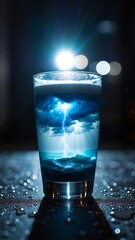 Fototapete - A glass filled with blue liquid, showcasing a stormy scene inside. Soft ambient lighting illuminates the glass, creating a serene yet dramatic mood. Reflections on the surface accentuate the compositi