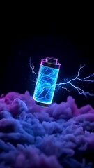 Fototapete - A glowing battery in vibrant neon hues, hovering above soft, textured clouds. Dynamic electric arcs surround it, creating a dramatic atmosphere. 