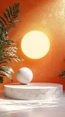 Fototapete - A serene setup features a smooth stone podium supporting a round stone, complemented by lush green plants. A large circular light glows against the warm orange wall, creating an inviting atmosphere